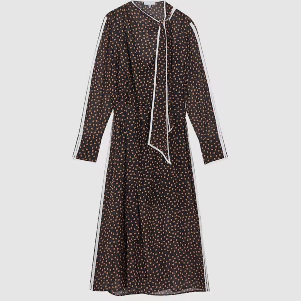 Reiss - Aria Black and Brown Polka Dot Long Sleeve Dress